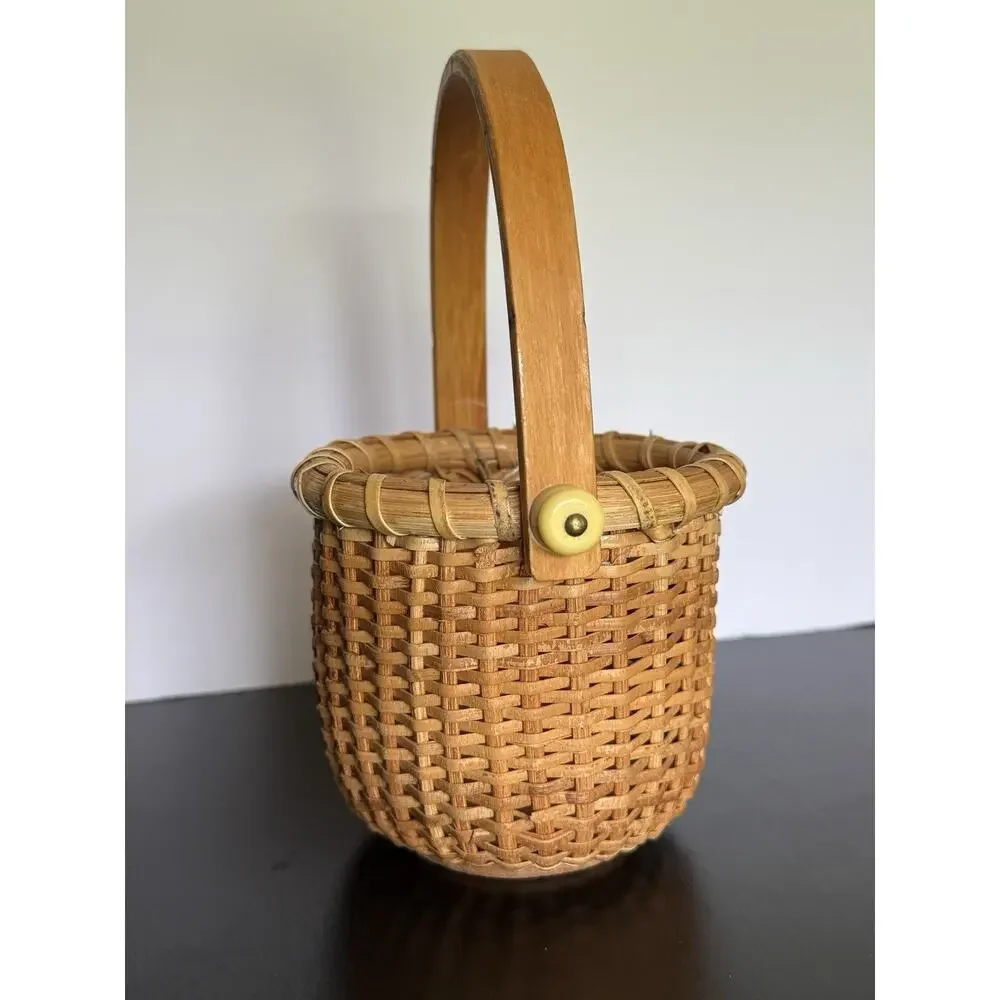 Nantucket Style Mini Swing Handle Basket Woven Wood Base Coastal Decor 3.57”H